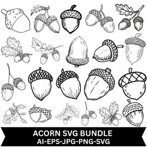 Könnte beinhalten: Eine Sammlung von schwarz-weißen Strichzeichnungen, die verschiedene Eicheln darstellen, einige mit Eichenblättern und Stielen. Das untere Banner enthält den Text ACORN SVG BUNDLE AI-EPS-JPG-PNG-SVG in weißen Großbuchstaben auf schwarzem Grund.
