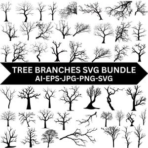 Könnte beinhalten: Eine digitale Sammlung von schwarzen Baum-Silhouetten und Ast-Illustrationen, angeordnet in einem Raster. Ein zentrales schwarzes Pfeilbanner enthält den weißen Text: TREE BRANCHES SVG BUNDLE AI-EPS-JPG-PNG-SVG. Das Set zeigt verschiedene blattlose Baumformen.