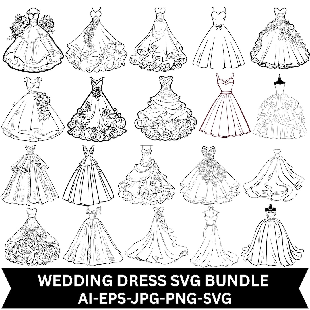 Foral Vector R Wedding Dress SVG Bundle, Bridal Gown Silhouette, Marriage Dress PNG ...