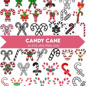 Puede incluir: Una colección de diseños de bastones de caramelo en varios estilos. Algunos son a rayas rojas y blancas, otros presentan lazos verdes, acebo o están delineados en negro. La imagen incluye el texto "CANDY CANE" e información del tipo de archivo.