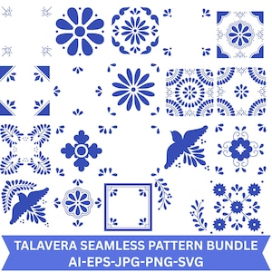Puede incluir: Una colección de patrones gráficos digitales en azul y blanco con motivos florales, formas geométricas y siluetas de aves. El texto en la parte inferior dice TALAVERA SEAMLESS PATTERN BUNDLE AI-EPS-JPG-PNG-SVG, indicando los formatos.