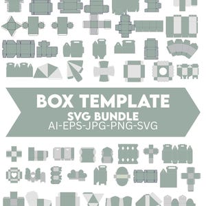 Può includere: Una collezione di vari modelli di scatole in tonalità di grigio e bianco, disposti su sfondo bianco. L'immagine include diversi design di scatole, come confezioni regalo e imballaggi. Il testo "BOX TEMPLATE SVG BUNDLE" è ben visibile.