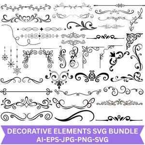 May include: A collection of black decorative flourishes, scrollwork, corner accents, and snowflake ornaments arranged on a white background, with a purple banner at the bottom displaying the text DECORATIVE ELEMENTS SVG BUNDLE AI-EPS-JPG-PNG-SVG.