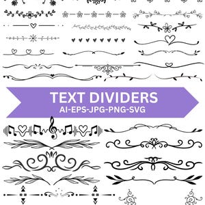 Op de afbeelding: Een verzameling zwart-witte tekstverdelers met bloemen-, hart- en muzieknotenontwerpen. De afbeelding bevat een paarse banner met de tekst "TEXT DIVIDERS" en bestandsinfo.