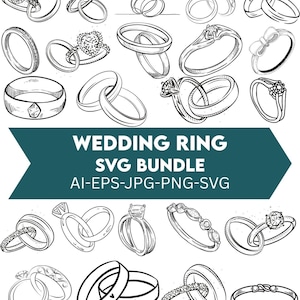 Puede incluir: Una colección de diseños de anillos de boda dibujados a mano en blanco y negro. La imagen incluye varios estilos de anillos, como solitarios, alianzas y anillos con elementos decorativos. El texto en la imagen dice "WEDDING RING SVG BUNDLE" y tipos de archivo.