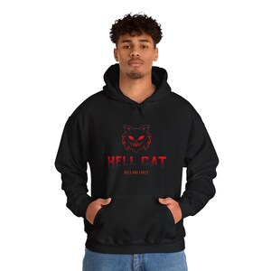 Sudadera unisex de mezcla gruesa con capucha y diseño de gato del infierno: sudadera informal, alocada y acogedora para hombre y mujer.