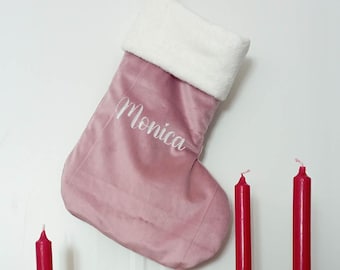 Antique pink Christmas stocking in velvet and soft plush fleece, customizable with embroidered name, Epiphany stocking in velvet with embroidery