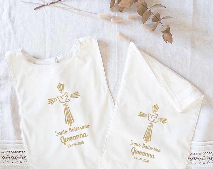 Baptism shirt with cross and dove embroidery, baptismal robe, personalized baptismal towel with gold embroidered name and date