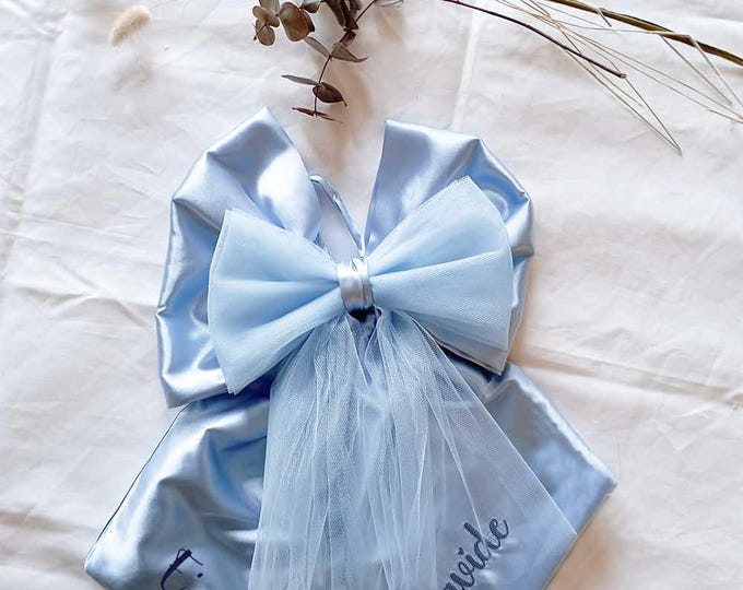 Blue satin and tulle birth bow with embroidered name