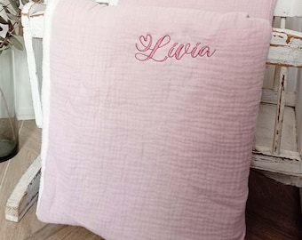 Baby blanket in cotton muslin and soft fleece, customizable with name embroidery, customizable newborn blanket in muslin