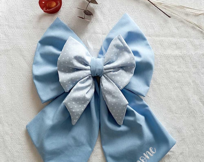 Blue and white cotton birth bow with little hearts and embroidered name