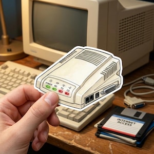 May include: A beige external modem sticker featuring a series of indicator lights labeled POWER, RD, TD, and CD. The device has a sloped top with ventilation slats, two phone ports, a power input, and a serial port connector on the side.