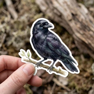 May include: A sticker featuring a detailed watercolor illustration of a black raven perched on a branch with green leaves. The bird has dark feathers and is set against a natural background.