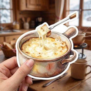 May include: A watercolor-style sticker of a ceramic pot filled with melted cheese fondue. A metal fondue fork with a wooden handle holds a piece of bread dipped into the bubbling yellow cheese, creating long, thin strings of melted cheese.