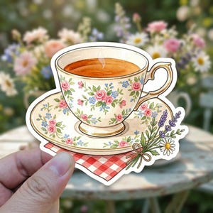 May include: A die-cut sticker featuring a cream-colored teacup and saucer decorated with pink roses and blue flowers. The cup contains amber tea with a wisp of steam. A red and white checkered napkin and a small bouquet of lavender and daisies sit below.