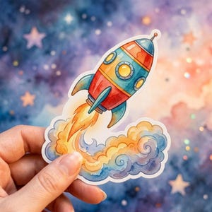 May include: A colorful sticker of a rocket ship blasting off. The rocket has red, blue, and orange sections with yellow portholes. The exhaust is a mix of orange, yellow, and blue, set against a starry, watercolor-style background.