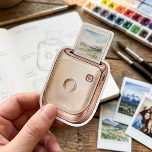 May include: A die-cut sticker of a beige instant camera with a metallic rose gold frame. The camera features a circular lens, a power button, and a small square instant photo ejecting from the top, displaying a watercolor landscape painting.