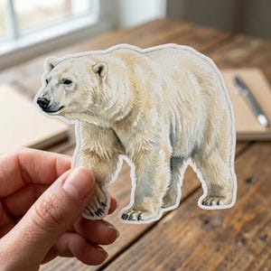 May include: A die-cut sticker featuring a detailed illustration of a polar bear in a walking pose. The bear has thick, creamy white fur with subtle grey and tan shading, a black nose, and visible claws on its paws, rendered in a realistic style.