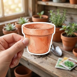 May include: A die-cut sticker featuring a watercolor illustration of a terracotta flower pot. The pot has a classic tapered shape with a wide rim and a warm, orange-brown color palette with visible brushstroke textures and a white border.
