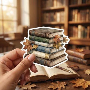 May include: A die-cut sticker featuring a stack of five vintage-style books in shades of brown, green, and blue, accented with several dried autumn maple leaves tucked between the covers, presented with a white border around the entire illustration.