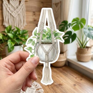 Boho Macrame Planter Decal • Trailing Pothos Art • Houseplant Sticker, Garden Sticker
