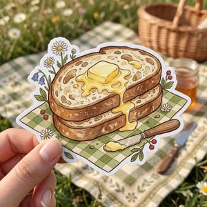 May include: A die-cut sticker featuring two stacked slices of toasted bread topped with a melting square of yellow butter. The illustration includes a small butter knife, white daisy flowers, blue bell-shaped flowers, and red berries on a green checkered napkin.