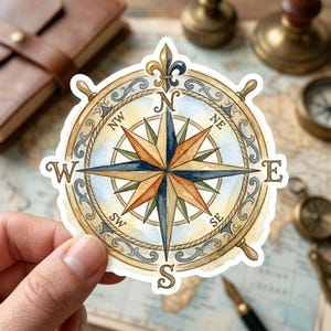 May include: A watercolor sticker of a compass rose with a nautical theme. The compass rose is in shades of blue, orange, and gold, with the cardinal directions labeled. The sticker has a ship's wheel design around the compass.