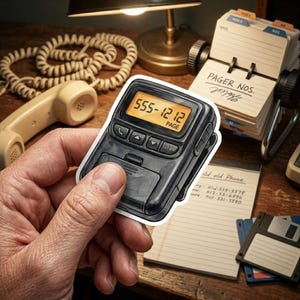 May include: A black pager sticker featuring an orange digital display with the text 555-1212 PAGE. The device includes a green phone icon button, two arrow buttons, and a clear button, all rendered in a detailed, illustrated graphic style.