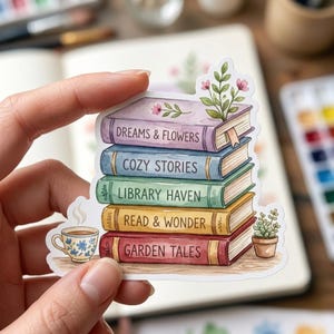 May include: A sticker featuring a stack of colorful books with titles like "Dreams & Flowers" and "Cozy Stories." A small teacup and a potted plant are also depicted. The sticker is held by a person.
