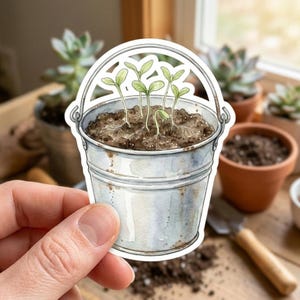 Spring Seedling Bucket Decal • Rustic Planting Sticker • Botanical Art