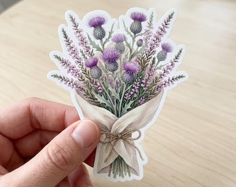 Watercolor Thistle and Heather wrapped in Linen Fabric Sticker