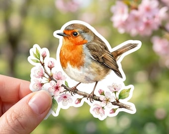 Watercolor Robin Bird Sticker Spring Cherry Blossom Floral Decal