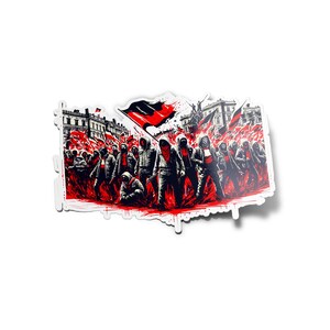 Może przedstawiać: Czarno-czerwona flaga z grupą ludzi w czarnych ubraniach i czerwonymi akcentami maszerujących w scenie ulicznej. Scena jest pełna czerwonych i czarnych flag, a ziemia jest pokryta czerwoną farbą.