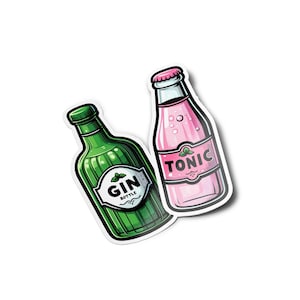May include: Two glass bottles with labels. The bottle on the left is green and says "GIN BOTTLE". The bottle on the right is pink and says "TONIC".