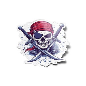 May include: A white skull wearing a red bandana and an eyepatch, with two crossed swords behind it. The skull has a toothy grin and a detailed design. The background is a blue and white watercolor effect.
