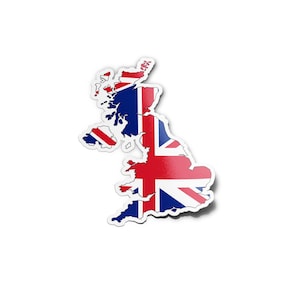 PACK AUTOCOLLANTS STICKERS Vinyle Carte Royaume Uni Uk Pays Bleu Rouge Découpe à la forme Voyage Souvenir Patriotique Nation Géographie 8cm