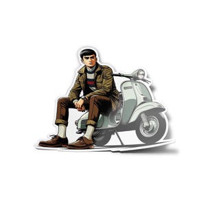 Può includere: Un uomo con una giacca marrone e jeans blu è seduto su uno scooter bianco. Indossa un maglione a righe e scarpe marroni. Lo scooter ha una sella bianca e un manubrio nero.