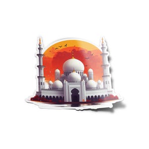 PACK OF STICKERS Vinyl Mosque At Sunrise Water Resistant UV Religion Peace Muslim Prayer Fajr Birds Islam 8cm