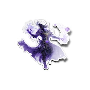 Könnte beinhalten: Eine violette und weiße Illustration eines magischen Charakters mit langen Haaren und einem fließenden Gewand. Der Charakter wirft einen Zauber mit ausgestreckten Händen. Der Hintergrund ist ein wirbelnder lila Nebel.