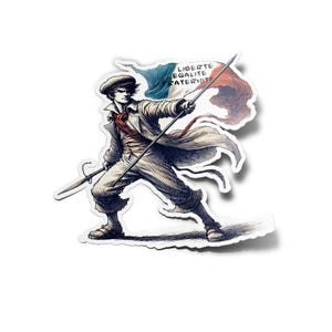 May include: A black and white illustration of a person holding a spear and a French flag with the words "Liberte, Egalite, Fraternite" written on it.