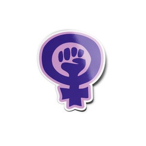 May include: A purple and pink feminist symbol with a raised fist in the centre.
