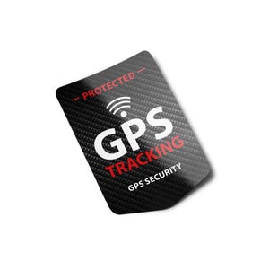 Könnte beinhalten: Schwarzer und roter Aufkleber mit einem Karbonfaser-Muster. Der Aufkleber lautet "Geschützt - GPS-Tracking - GPS-Sicherheit".