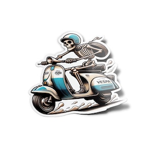 May include: A skeleton riding a blue and white Vespa scooter. The scooter has the text "HORIZON 1500 TLNG" and "VESPA" on it.