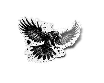 May include: Black and white illustration of a crow in flight with ink splatters in the background.