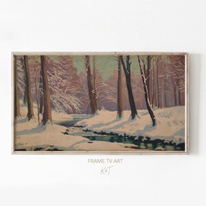 Winterschildering rivieroever: besneeuwd bos vintage tv-kunst (digitale download)
