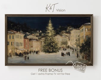 Vintage Christmas Town Square Oil Painting – Winter Holiday Frame TV Art (Digital Download)