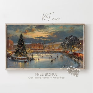 May include: A framed winter scene painting depicts an ice skating rink with a Christmas tree and buildings in the background. The sky is a mix of orange and blue. The text "K&T vision" is at the top, and "FREE BONUS" is at the bottom.
