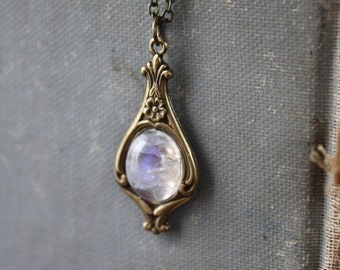 Rainbow Moonstone Necklace, Antique Brass Victorian Style Setting