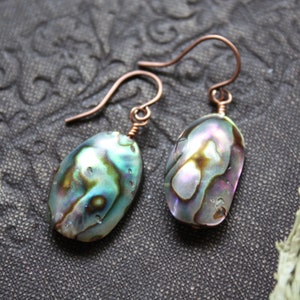Può includere: Un paio di orecchini iridescenti a conchiglia di abalone. I gusci di forma ovale mostrano un mix di blu, verdi e viola, con ganci per le orecchie color rame. Gli orecchini sono su uno sfondo scuro e strutturato.