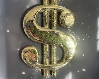 handcrafted mirror tiled dollar sign, disco ball wall art
